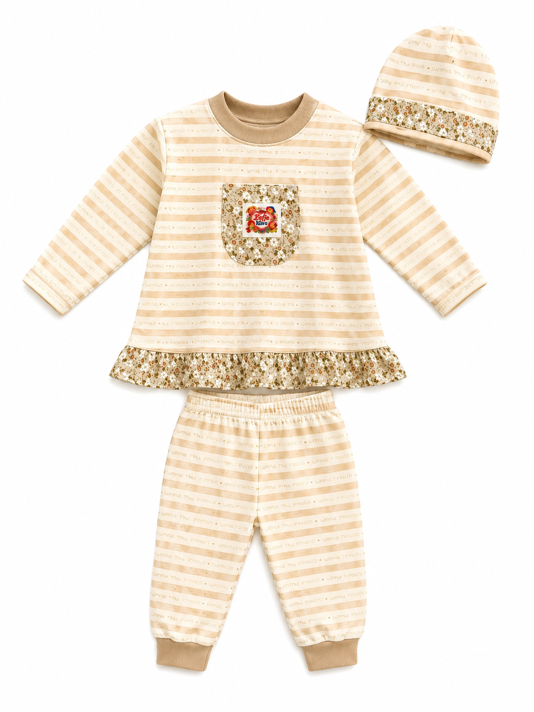 Roomkleurige gestreepte driestuk baba-slaapstel met blommetjie-afwerking, peplum-ruffelsoom en geknoopte musserjie