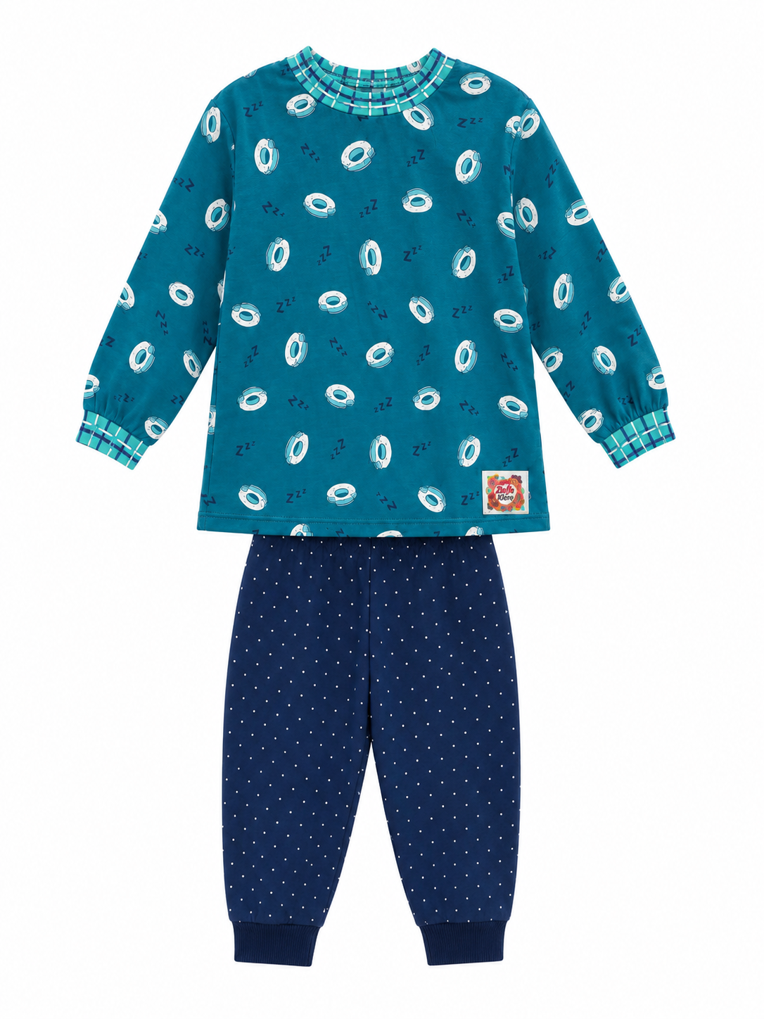 Seuns se teal langmou-slaapstel met swembad-ring druk, geruite halsband en navy kolletjie-broek
