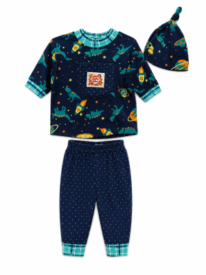 Navy driestuk baba-slaapstel met ruimte- en dinosourus-druk, kolletjie-broek en geknoopte musserjie
