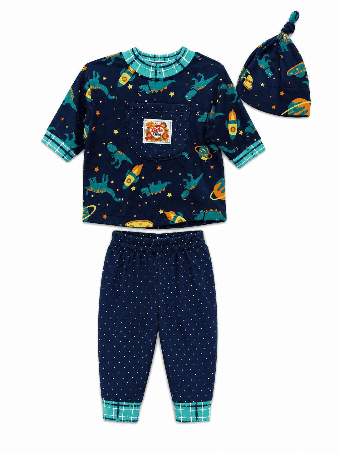Navy driestuk baba-slaapstel met ruimte- en dinosourus-druk, kolletjie-broek en geknoopte musserjie